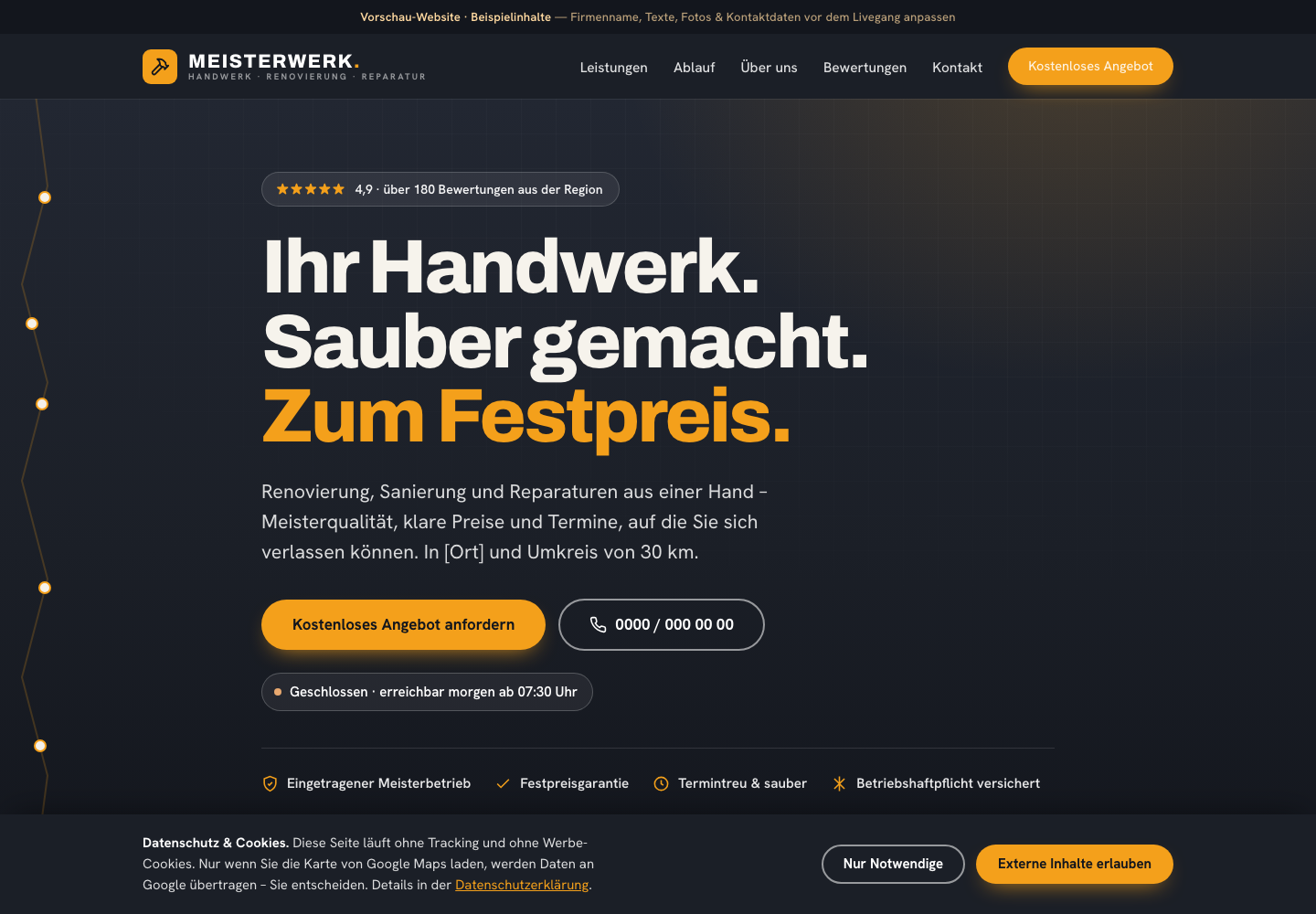 Startseite einer Website für einen Handwerksbetrieb mit klarer Struktur
