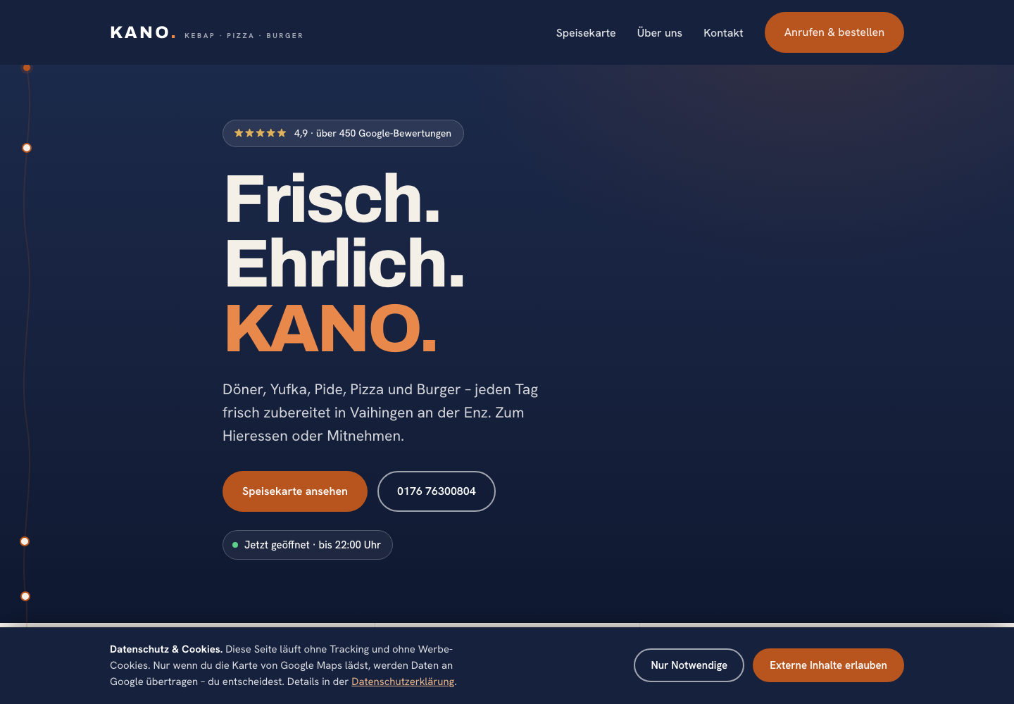 Startseite der Website für Kano Vaihingen — Restaurant mit dunklem, modernem Design